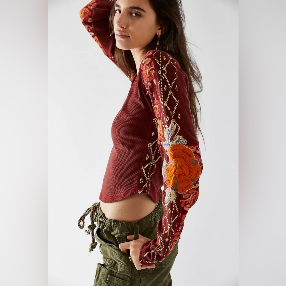 Free People Amara Embroidered Floral Printed Mesh Gold Patchwork Thermal V Neck